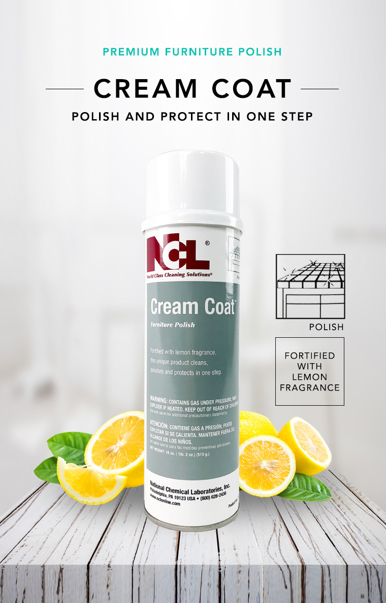 premium furniture polish, cream coat, polish and protect in one step, lemon fragrance.